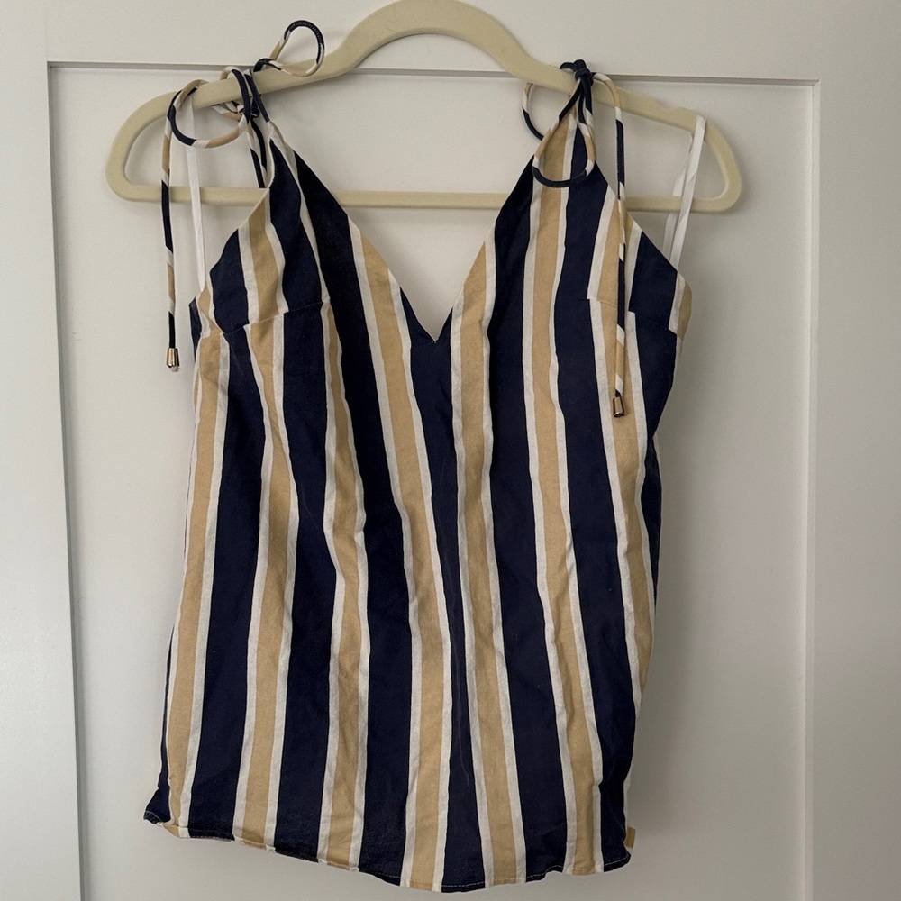 Sabo Skirt Striped Tie-Shoulder V-Neck Women's Tank Top - Navy & Tan